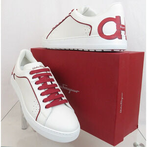 $795 FERRAGAMO MANHATTAN WHITE LEATHER RED GANCINI LOGO SNEAKERS 10.5 M ITALY